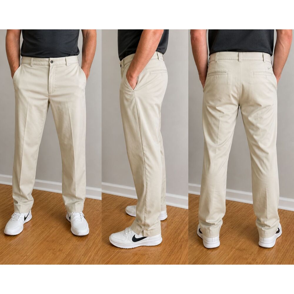 Nike Golf Dri-FIT Mens 38x32 Beige Khaki Flat Front Golf Pants Classic Chino
